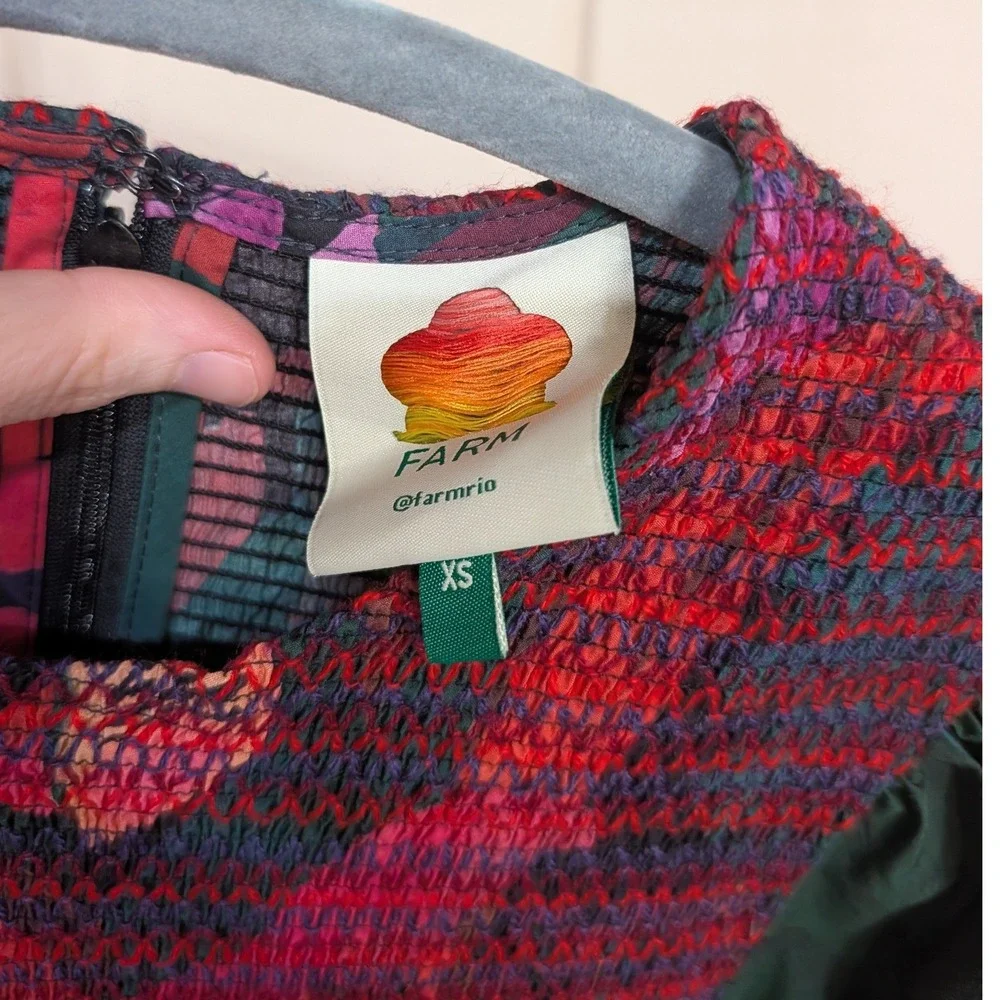 Farm Rio Dark Flowers Smocked Midi Dress Puff Sleeve Floral XS - Picture 15 of 16